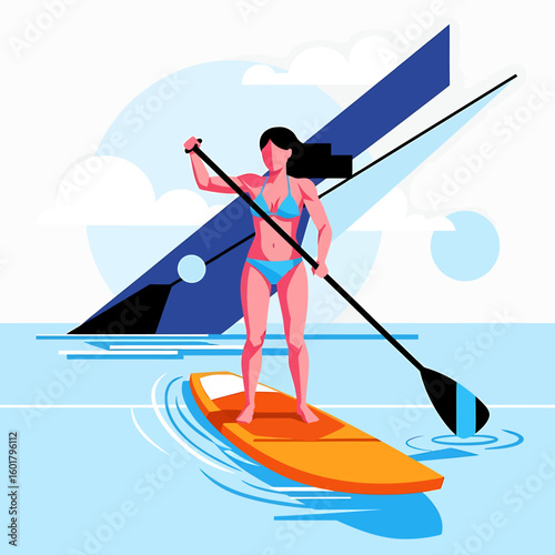 Woman in bikini paddleboarding on a calm blue sea with abstract geometric shapes in the background.