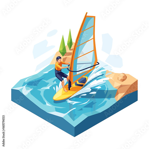 Isometric illustration of a windsurfer riding a yellow board on blue water with a sandy shore and green trees in the background.