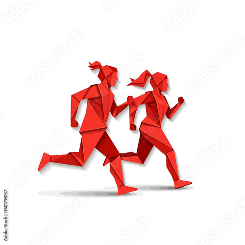 Two stylized red female figures run together, depicted in a geometric, origami-like design on a white background.