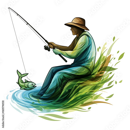 Illustration of a fisherman sitting on a grassy bank, holding a fishing rod with a fish caught on the line in the water.