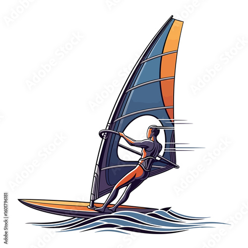 A stylized illustration of a windsurfer gliding across the water, sail catching the wind, creating a sense of speed and motion.
