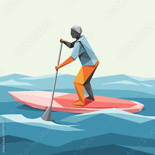 Low poly illustration of a person paddleboarding on a red board in blue water, holding a paddle, against a light background.