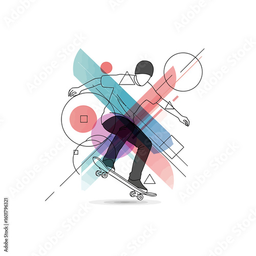 Stylized illustration of a skateboarder performing a trick, surrounded by colorful geometric shapes and lines on a white background.