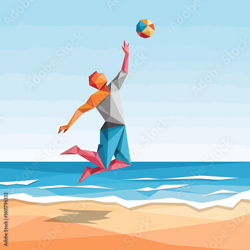 Low poly illustration of a man jumping to hit a colorful ball on a sunny beach with blue sea and sky.