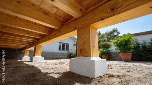 Building a Strong Foundation, Low angle view of a new wooden deck structure with support beams on concrete piers.