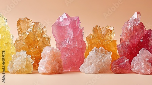 Colorful crystalline formations arranged in a horizontal row.