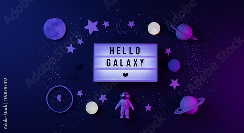 Cute space-themed flatlay with “Hello Galaxy” lightbox