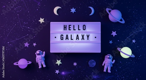 Cute space-themed flatlay with “Hello Galaxy” lightbox