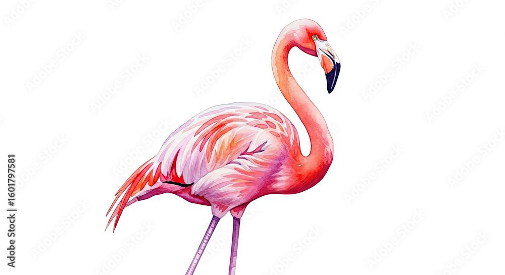 A watercolor style illustration of a flamingo standing on a black background in vibrant colors A watercolor style illustration of a flamingo standing on a black background in vibrant colors