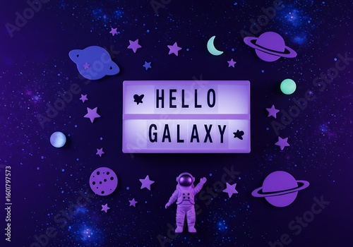 Cute space-themed flatlay with “Hello Galaxy” lightbox