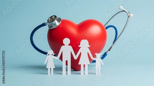 Family health insurance concept with a paper chain family, a red heart, and a stethoscope on a blue background. Medical care and protection.