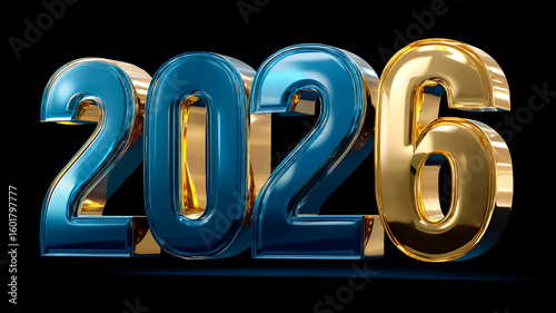 Bold and glossy 3D rendering of 2026 in gold and blue tones on a black background, perfect for luxury New Year celebration or futuristic holiday-themed visuals.