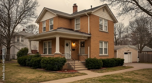 Small two story brick home featuring porch and a garage on the side containing plenty of copy space,