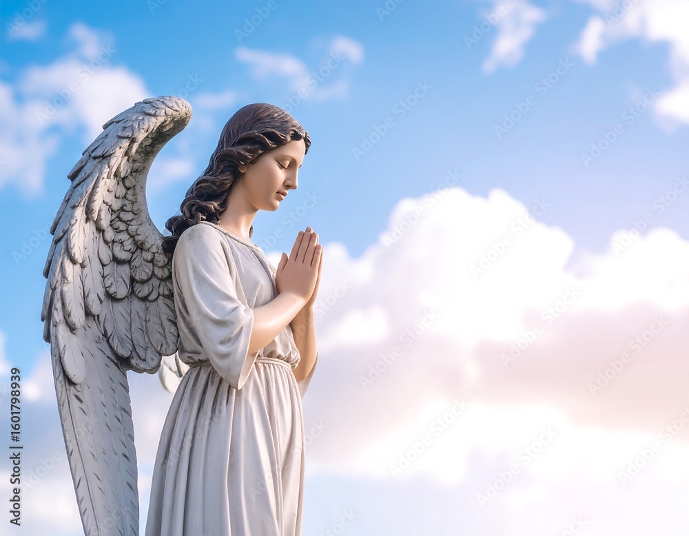Fototapeta premium Angel statue praying against a sky