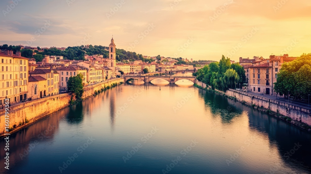 Fototapeta premium Historic city architecture lines a river with a bridge at sunset showing buildings and trees