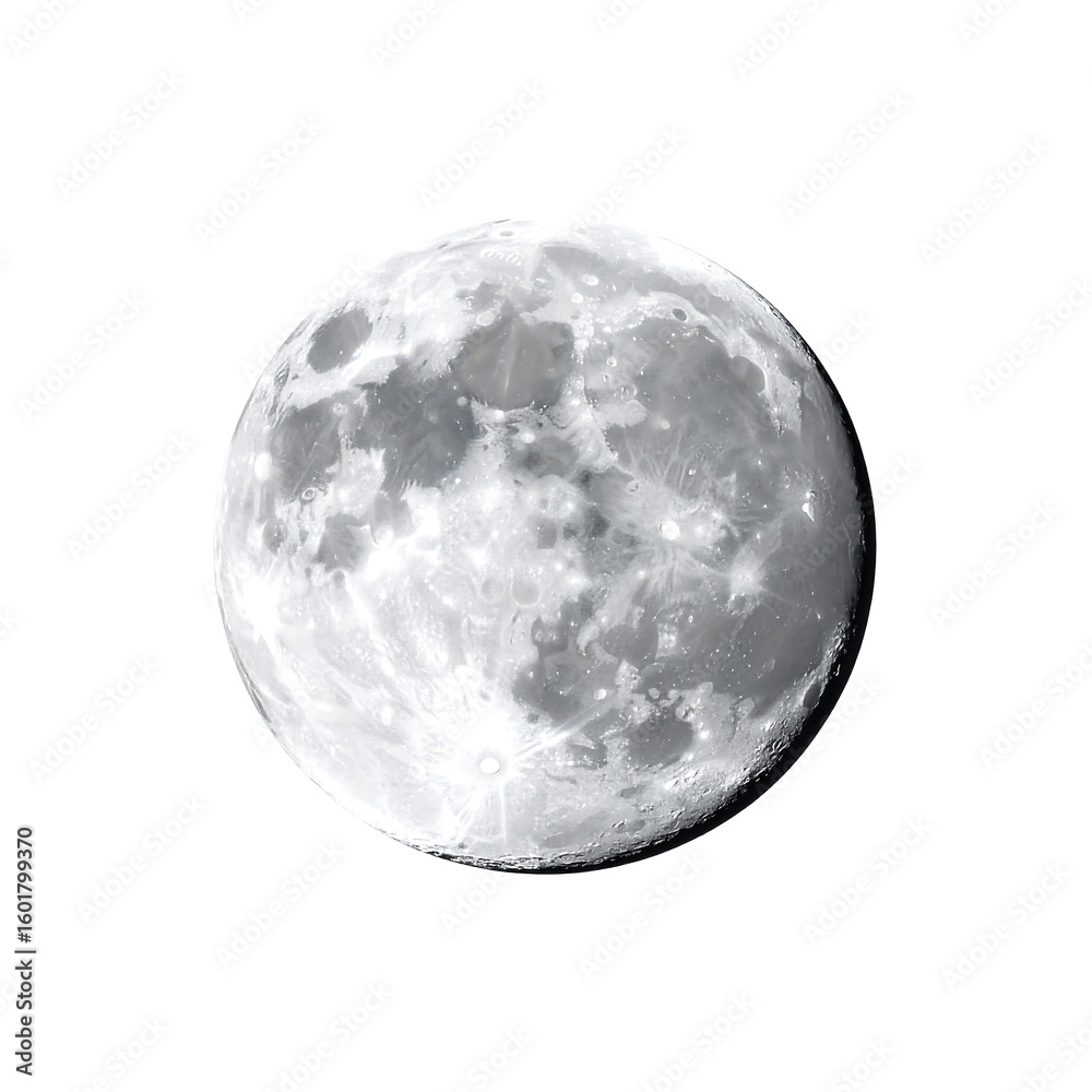 Obraz premium Detailed realistic full moon illustration in silver color on transparent background