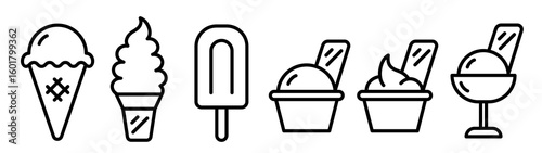 Ice cream and soft serve icon set. Black color outline icon on white background.