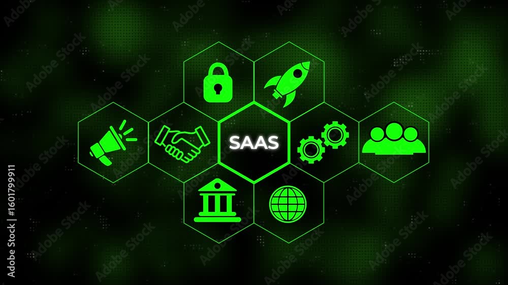 SaaS concept button on a futuristic computer screen. Hi tech motion graphic background, white flickering dots Abstract technology background in blue color. Business, technology and internet concept