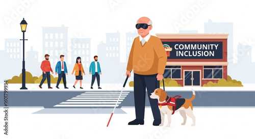 Blind Elderly Man with Guide Dog at Crosswalk – Inclusive Urban Vector Illustration

