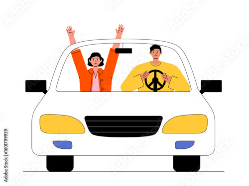 Fun road trip with boyfriend. Road trip illustration. Flat vector illustration concept.