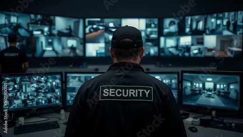 A dedicated security guard meticulously monitoring a bank of CCTV screens in a high-tech surveillance control room.