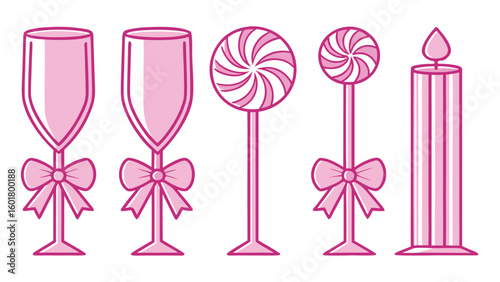 Collection of various glassware set and cocktail shaker in outline style drink