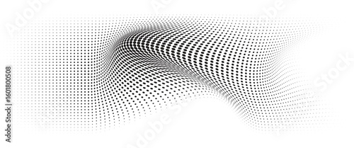 Flowing Wave Dot Halftone Pattern: Curve Gradient Shape on Transparent Background. Suitable for AI, Tech, Network, Digital, Science, and Technology Themes.