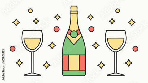 Collection of various glassware set and cocktail shaker in outline style drink