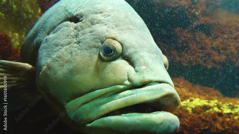 close up of grouper fish head floating underwater close to the ground