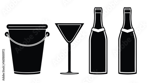 Collection of various glassware set and cocktail shaker in outline style drink
