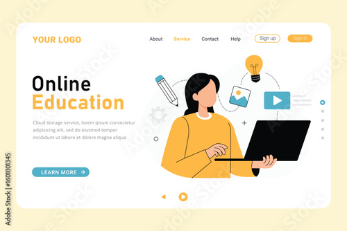 Study online landing page template, modern student or learner studying remotely from home, online student. Online education, training and courses, learning. Modern vector illustration in flat style.