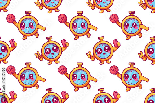 smiling stopwatch character seamless pattern illustration background