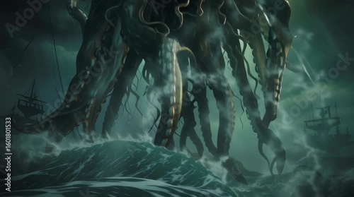 Giant sea monster with glowing eyes and tentacles rising from dark stormy ocean waves near old ships under lightning sky creating eerie atmosphere