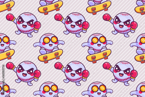 happy baseball ball character seamless pattern illustration background