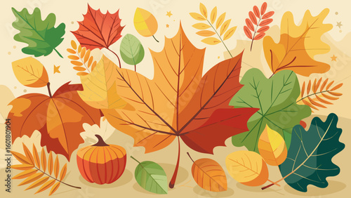Autumn background with maple leaves and acorns. Vector illustration.