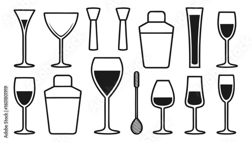 Collection of various glassware set and cocktail shaker in outline style drink