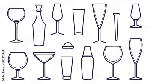 Collection of various glassware set and cocktail shaker in outline style drink