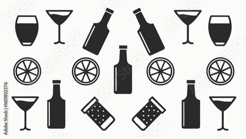 Collection of various glassware set and cocktail shaker in outline style drink