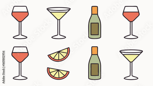 Collection of various glassware set and cocktail shaker in outline style drink