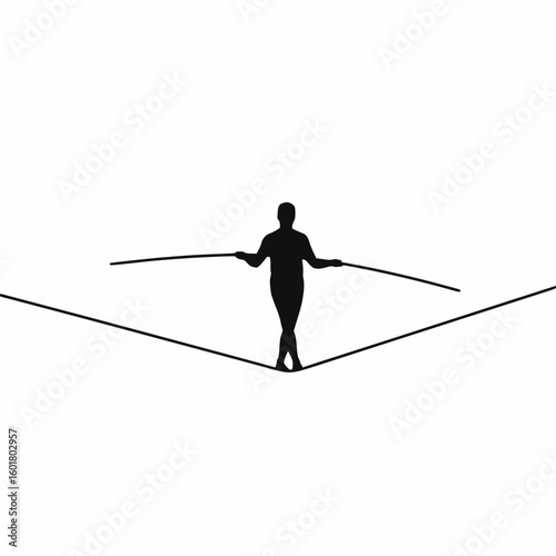 Minimal vector of a man walking across a tightrope with balance pole, solid black on white, symbol of risk management