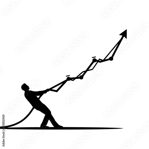 Silhouette of a person pulling a graph upward like a rope, solid black vector, business progress