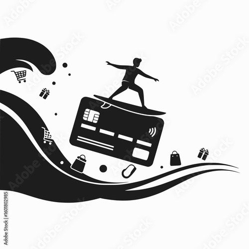 Black and white vector of a person surfing on a giant credit card, concept of effortless online shopping