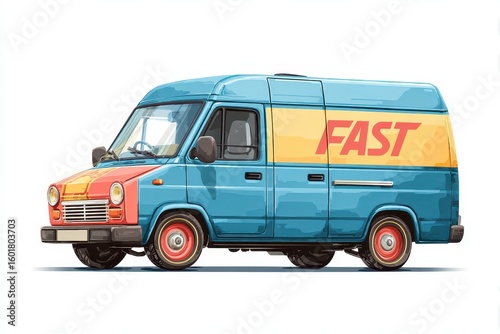 Blue van, delivery service, with yellow stripe and red wheels on a white background