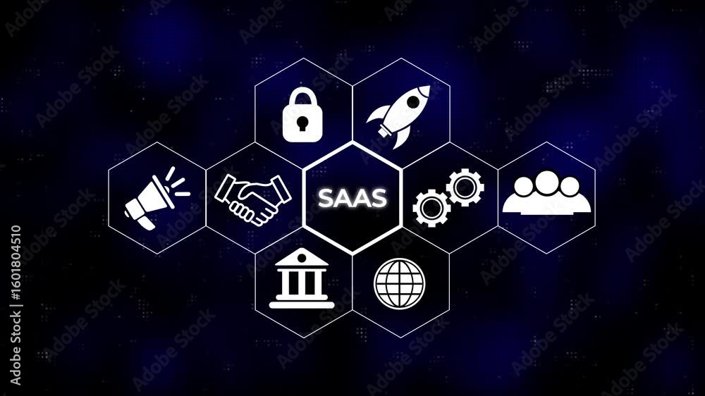 SaaS concept button on a futuristic computer screen. Hi tech motion graphic background, white flickering dots Abstract technology background in blue color. Business, technology and internet concept