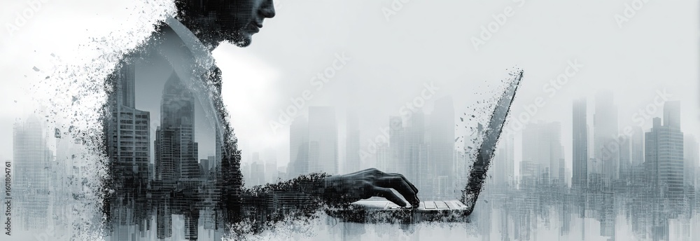 Fototapeta premium Corporate Website Banner: Abstract Figure in Suit Typing on Laptop with Blurred Cityscape, Monochrome Realistic Layout