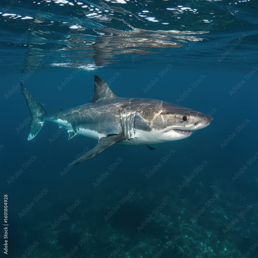 Naklejka premium Close-up of a great white shark underwater, captured in natural habitat, showcasing marine wildlife and ocean predator behavior.
