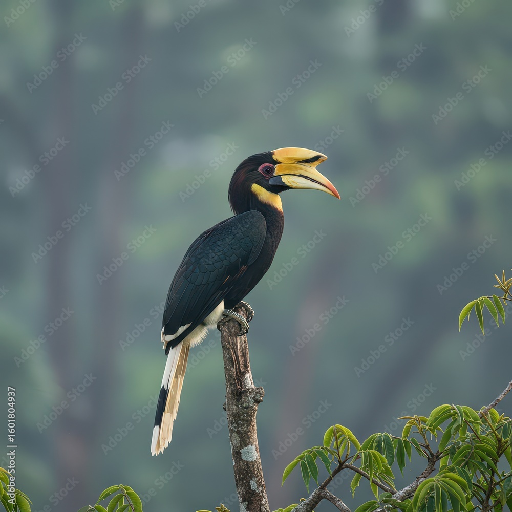 Obraz premium A striking hornbill with a large yellow-orange beak sits on a tree branch, surrounded by lush green forest foliage.