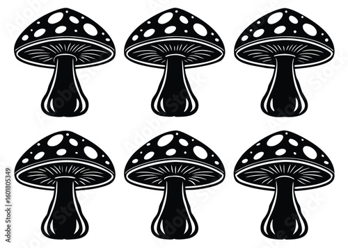 Six black and white spotted toadstool silhouettes mushroom fungus