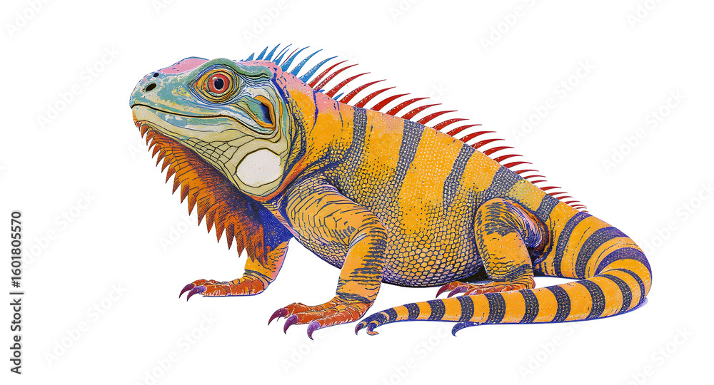 Obraz premium Detailed Illustration of Orange Iguana with Spikes Isolated on Transparent Background Wildlife Animal Reptile Exotic Pet Vibrant Colors Tropical Nature