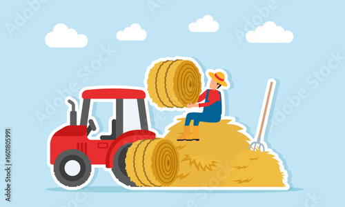 Farmer sitting on a pile of straw near a tractor carrying hay rolls illustration of success in achieving food self sufficiency